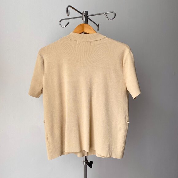 ☀️ Large Y2K Tan Short-Sleeve Boxy Fit Heavy Knit Safari-Collared Top Jones New - Picture 3 of 5